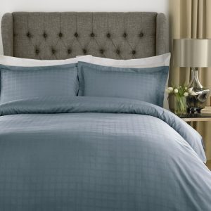400TC - 100% Cotton Satin Stripe Check Duvet Set Smoky Blue